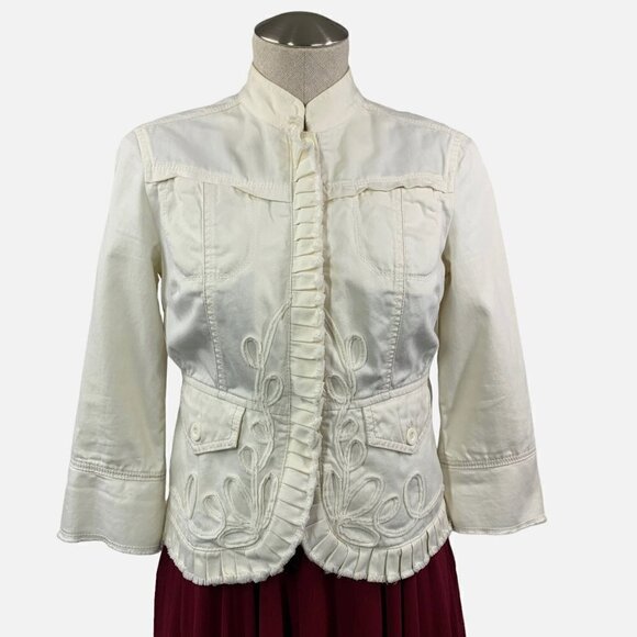 DKNY Jeans Embroidered Pleated Hip Length Cotton Jacket Cream Size Small - Picture 1 of 12